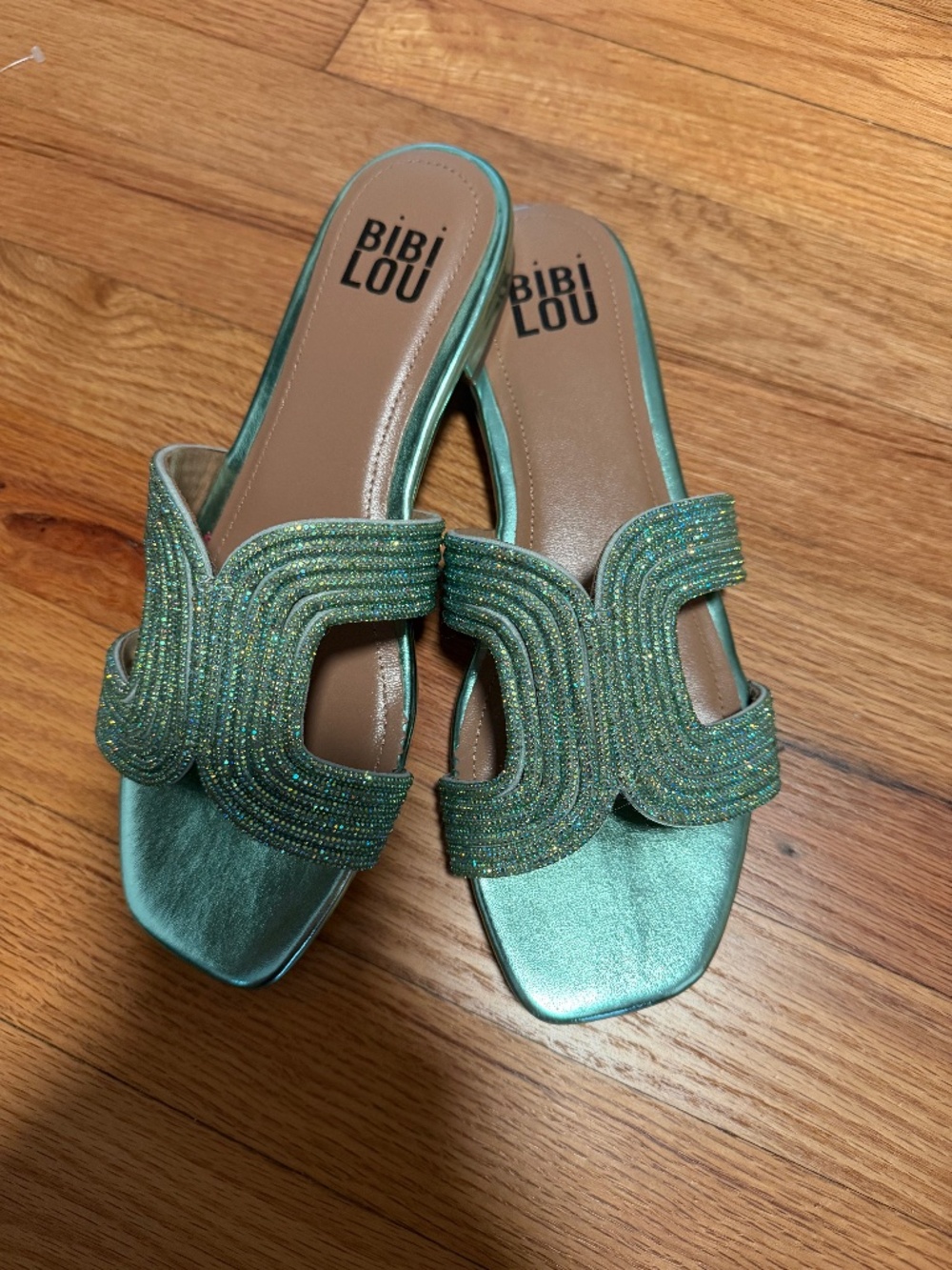 BIBI LOU mint green slide sandals with shimmering beaded straps